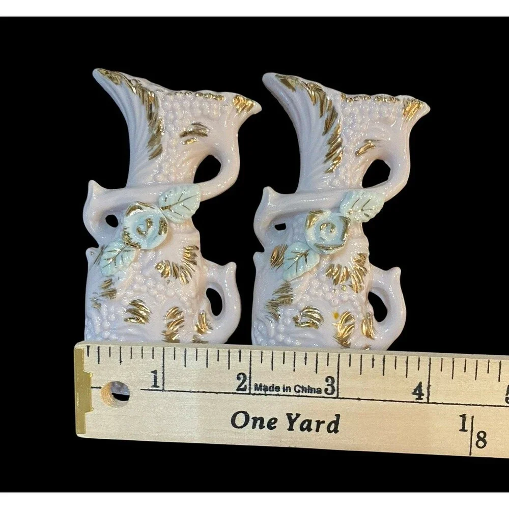 Vintage Japan Porcelain Bud Vases Pair Pink Roses Grapes Gold Gilt 4
